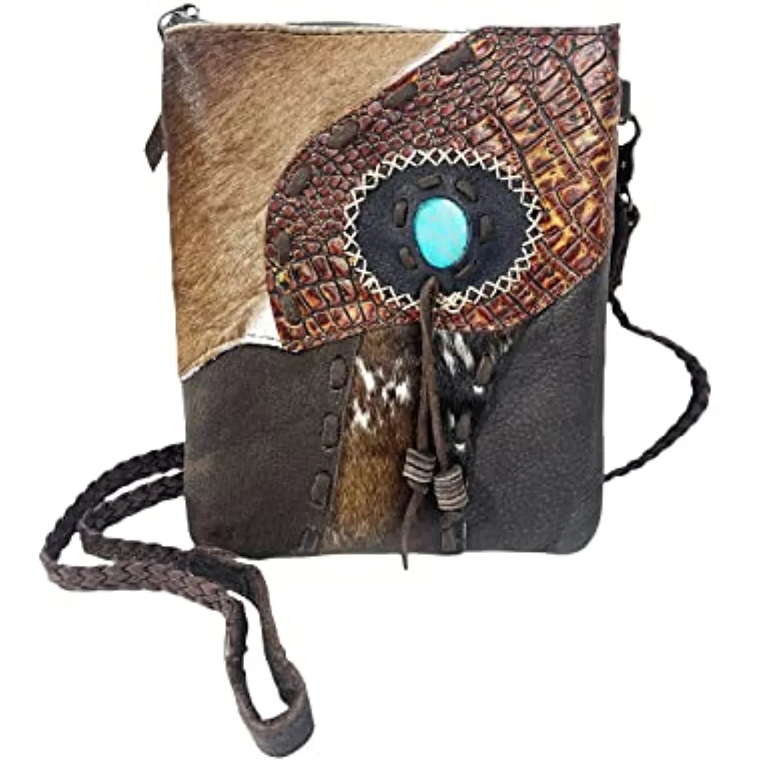 Urbalabs Western Crossbody Purse Cowhair Handbag Leather Teal Stone Tassel Tooled Tote Bag Hand Stitched Purses (Dark Brown)