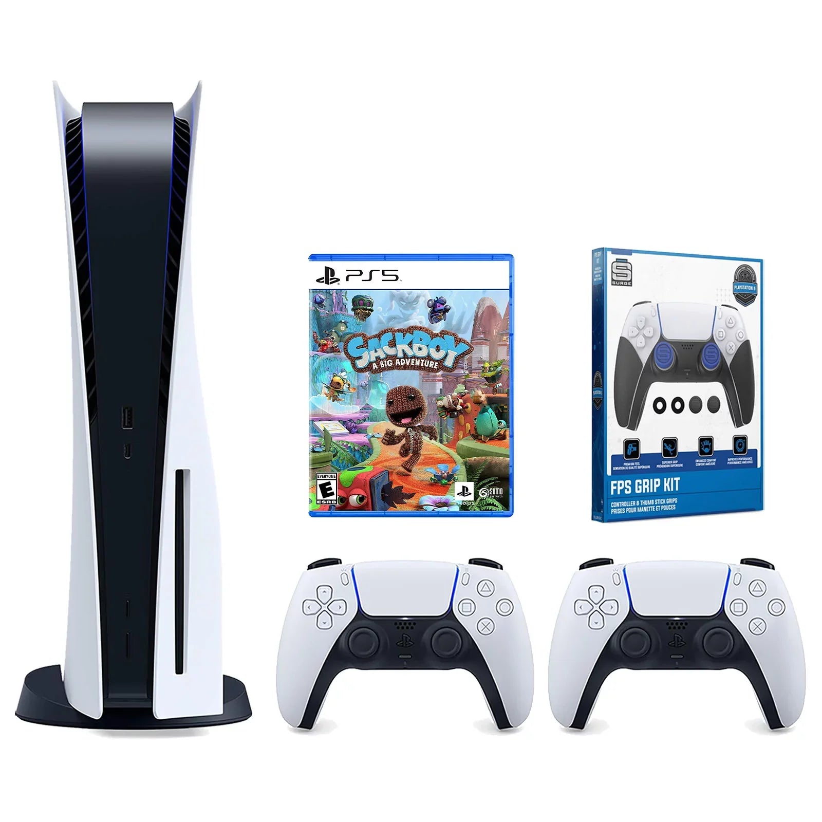 Sony Playstation 5 Disc Version Console with Extra White Controller, Surge  Grip Kit With Precision Aiming Rings and Sackboy: A Big Adventure Bundle
