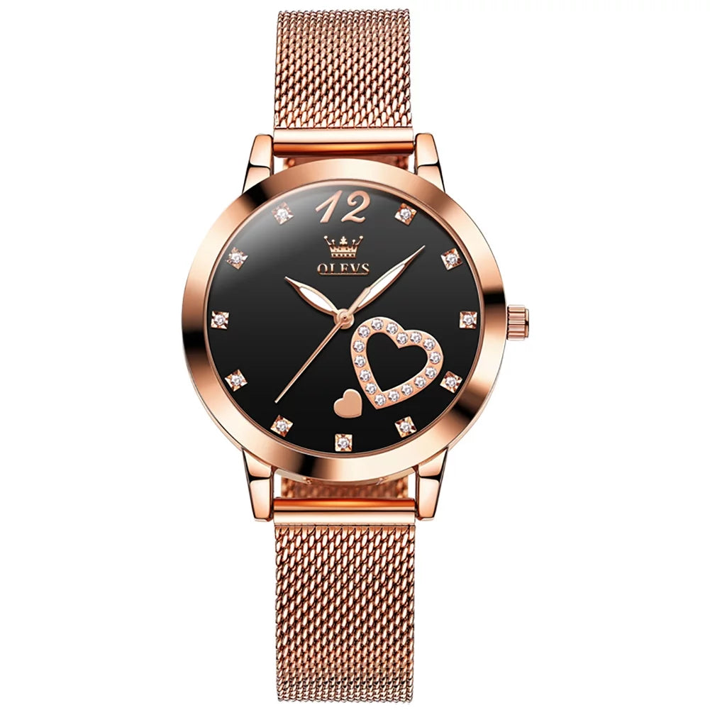 Olevs Elegant Women's Watch, Rose Gold Diamond Hearts Big Face Mesh Strap Fashion Dress Japanese Quartz Waterproof Luminous Ladies Watches, Female Wristwatch, Gifts for Women