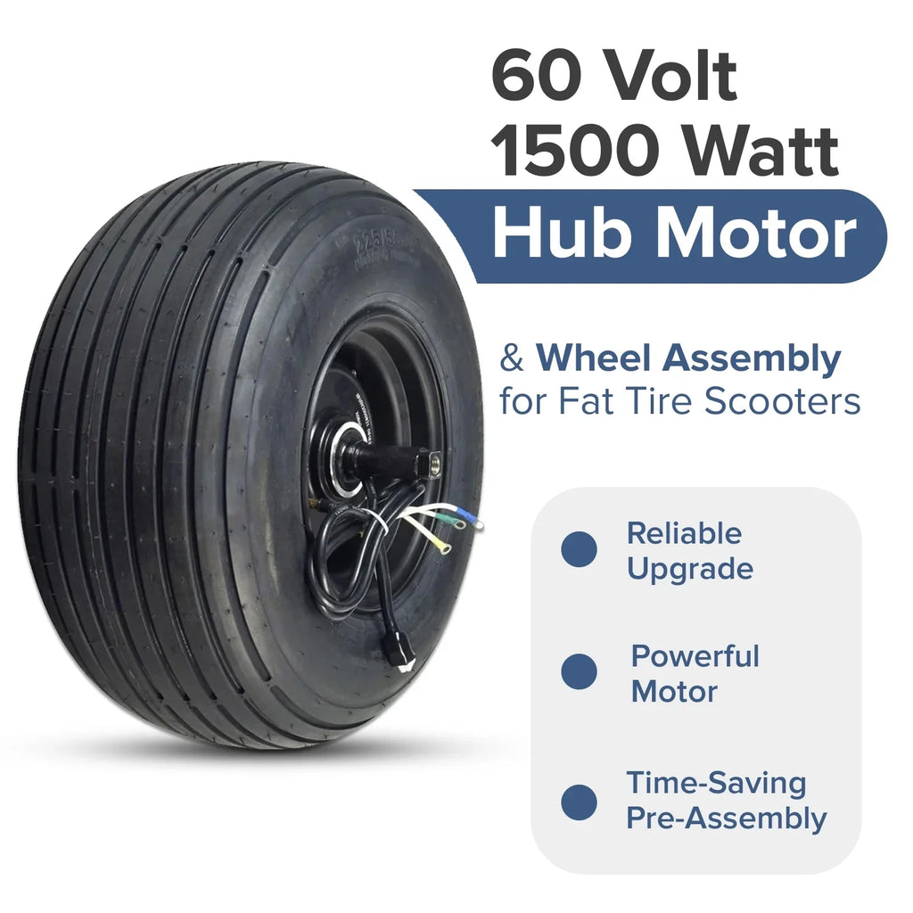 AlveyTech 60 Volt 1500 Watt Hub Motor & 18x9.50-8 Wheel Assembly for Fat Tire Scooters