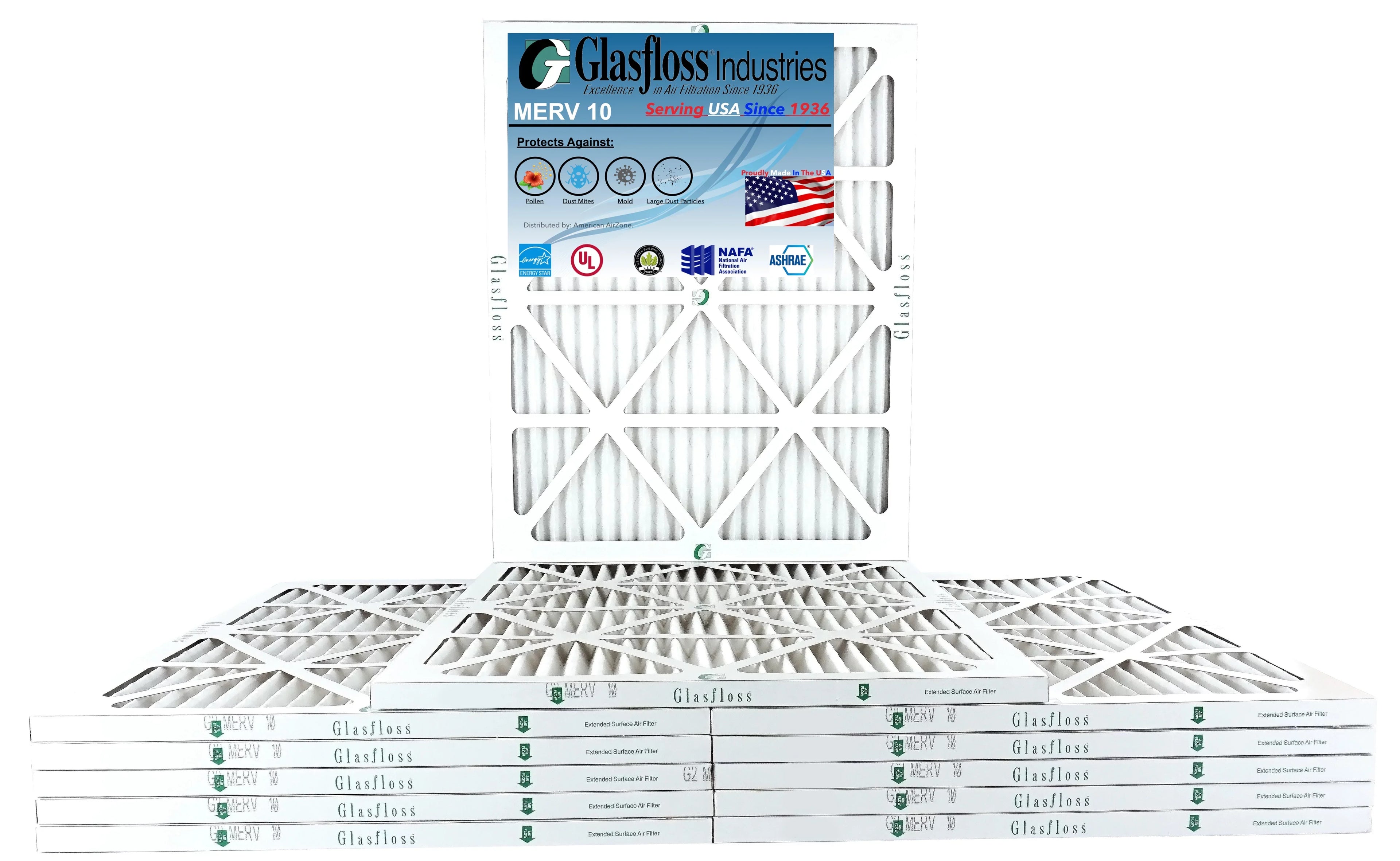 Glasfloss 22x28x1 -  10 -Qty:12 - Furnace Air Filter - Made in  (Actual Size: 21.5 x 27.5x7/8 inch)