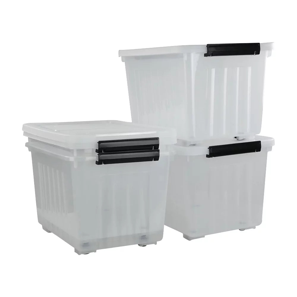 Kekow 4-Pack Clear Plastic Large Storage Box, 30 L Latch Storage Bin with Wheels
