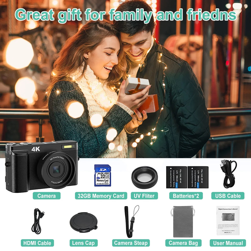 Vlogging Camera 4K Digital Camera for Photography Autofocus 16X Digital Zoom 48MP Video Cameras for YouTube with 32GB Card