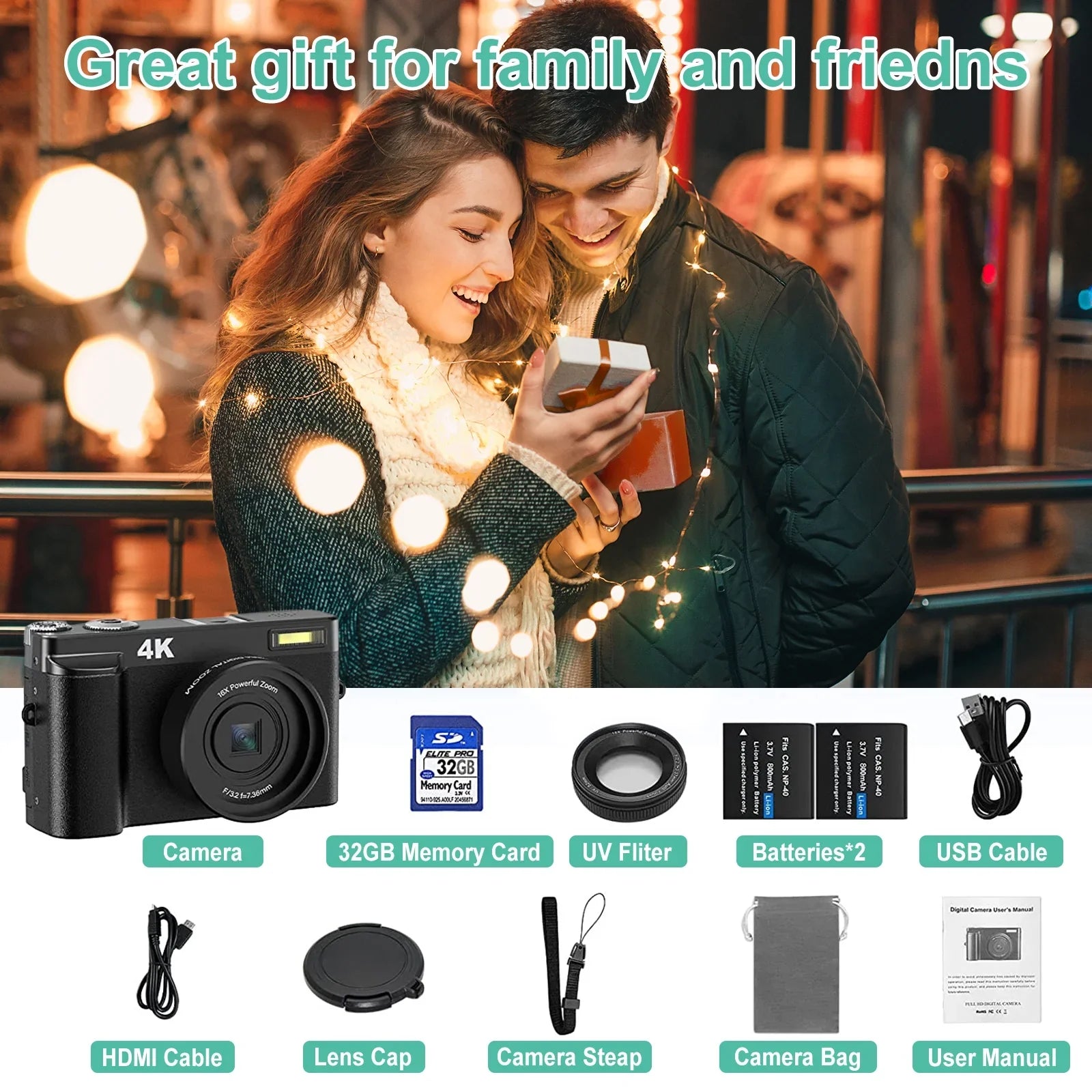 Vlogging Camera 4K Digital Camera for Photography Autofocus 16X Digital Zoom 48MP Video Cameras for YouTube with 32GB Card