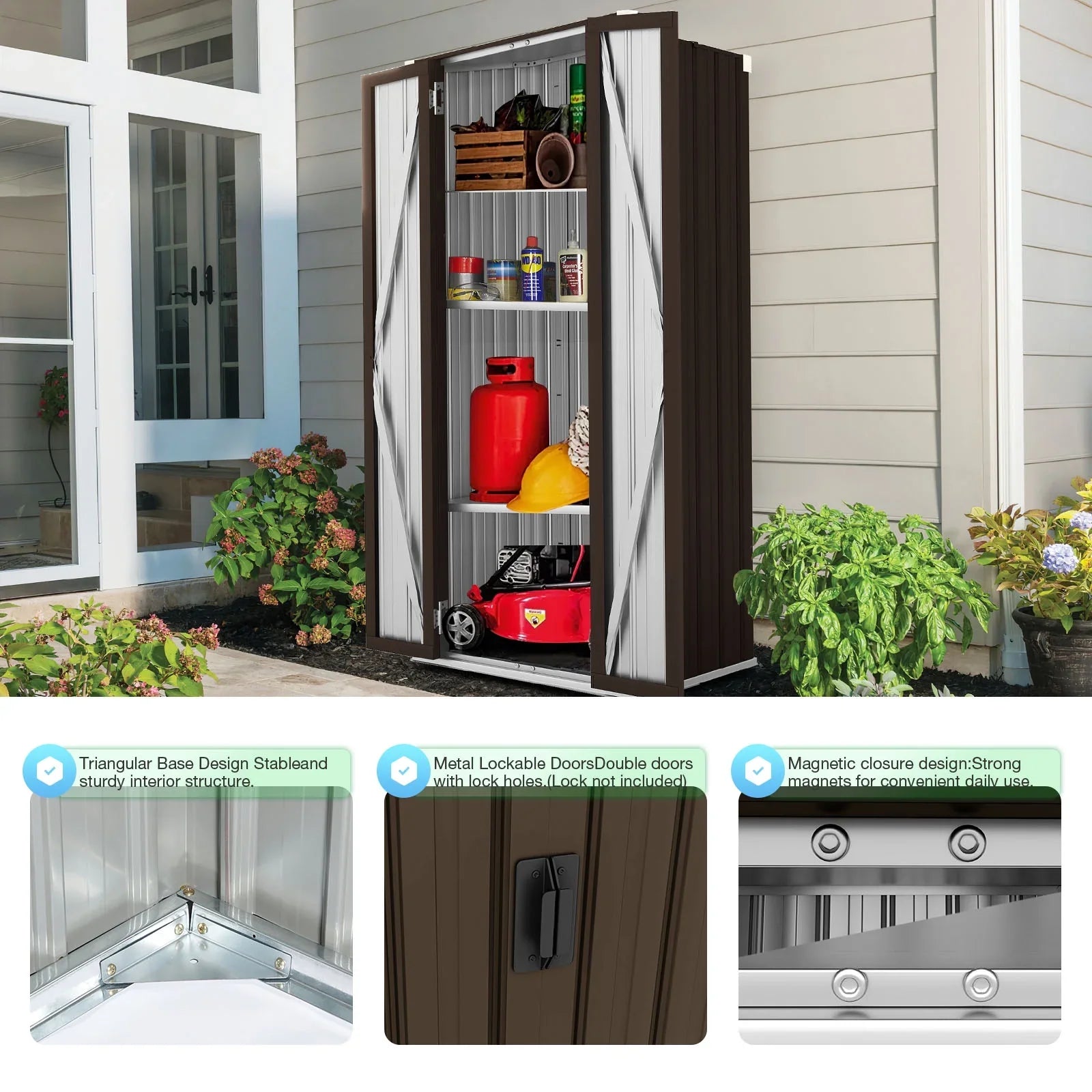 70" Metal Storage Cabinet with Doors and Shelves Outdoor/ Indoor Storage Shed Organizer for Garage& Garden in Brown