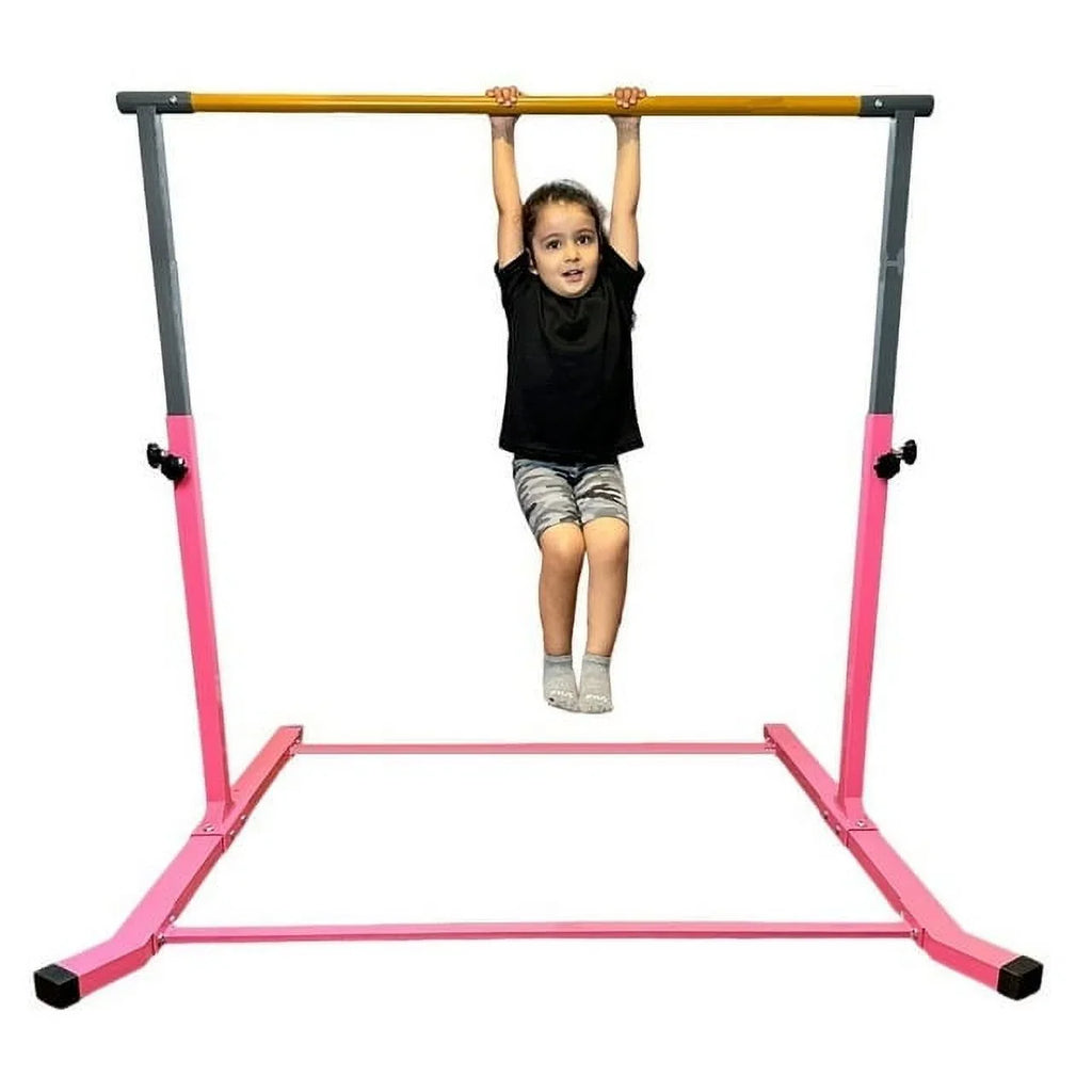 5-Star  Pink Gymnastic Kip Bar, Adjustable 3-5FT, Kids Junior Training, Heavy-Duty, Curved Legs, Home Gym Equipment