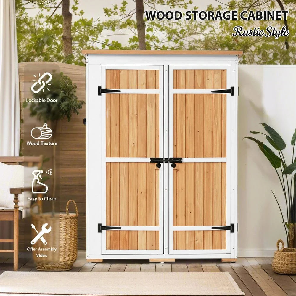 Outdoor 5.5ft Hx4.1ft L Wood Storage Shed, Garden Tool Cabinet with Waterproof Asphalt Roof, Four Lockable Doors, Multiple-tier Shelves, Natural