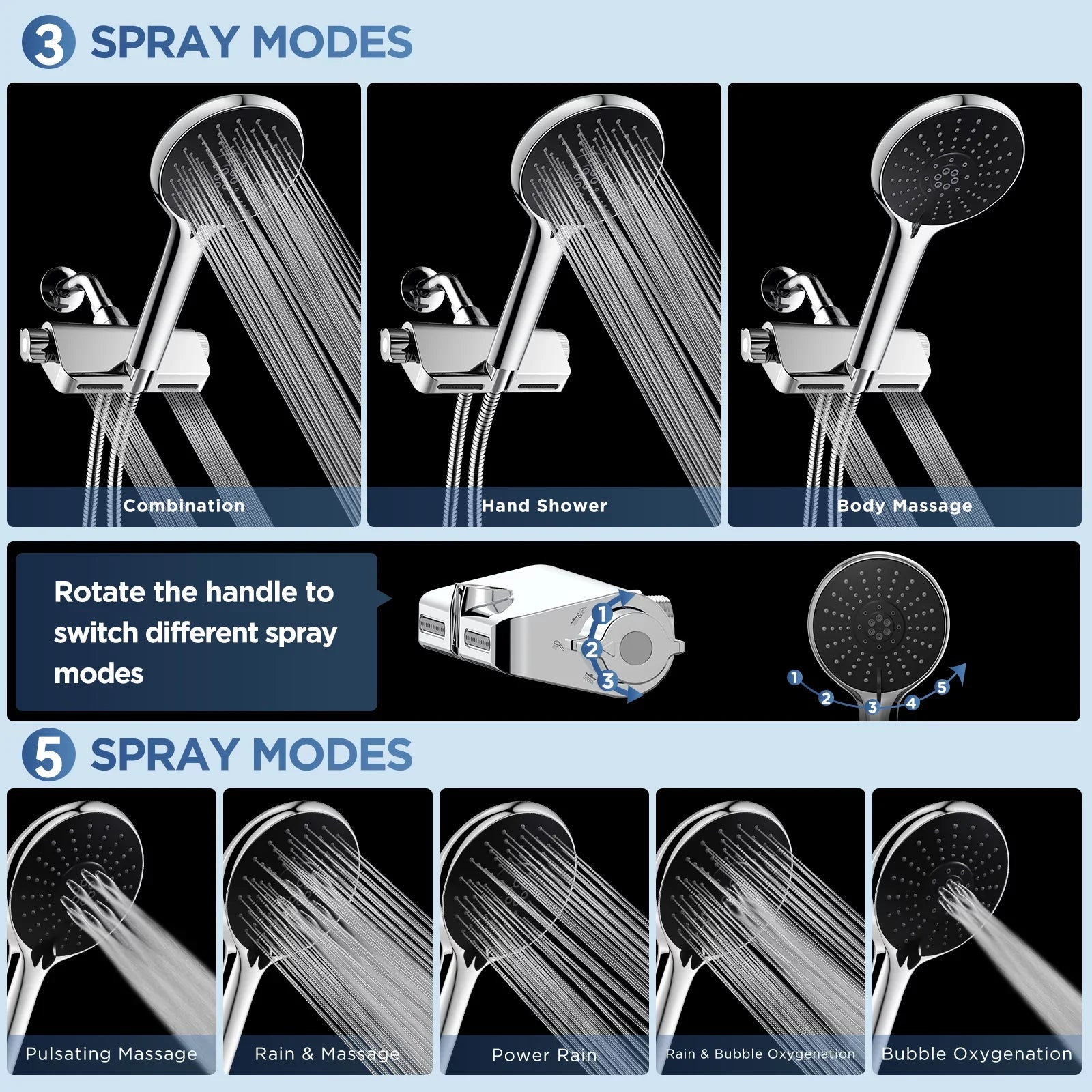 3 in 1 Filter Showerhead with Handheld Combo High Pressure  Shower System Massage Shower Head and 5 Modes Hand Held Shower Head