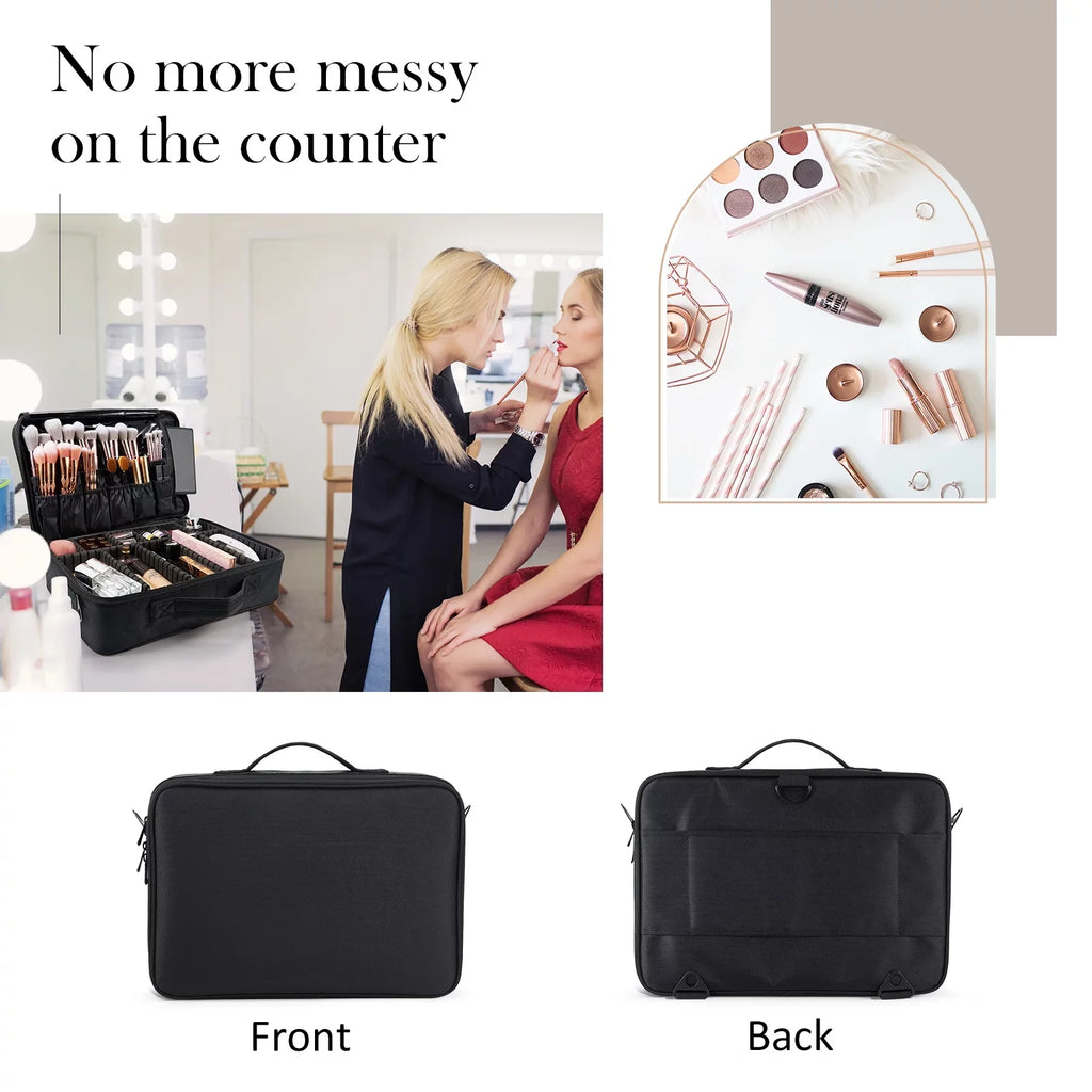 Extra Large Travel Makeup Bag Cosmetic Case Organizer Beauty Train Case with Shoulder Strap and Dividers Compartment, Black