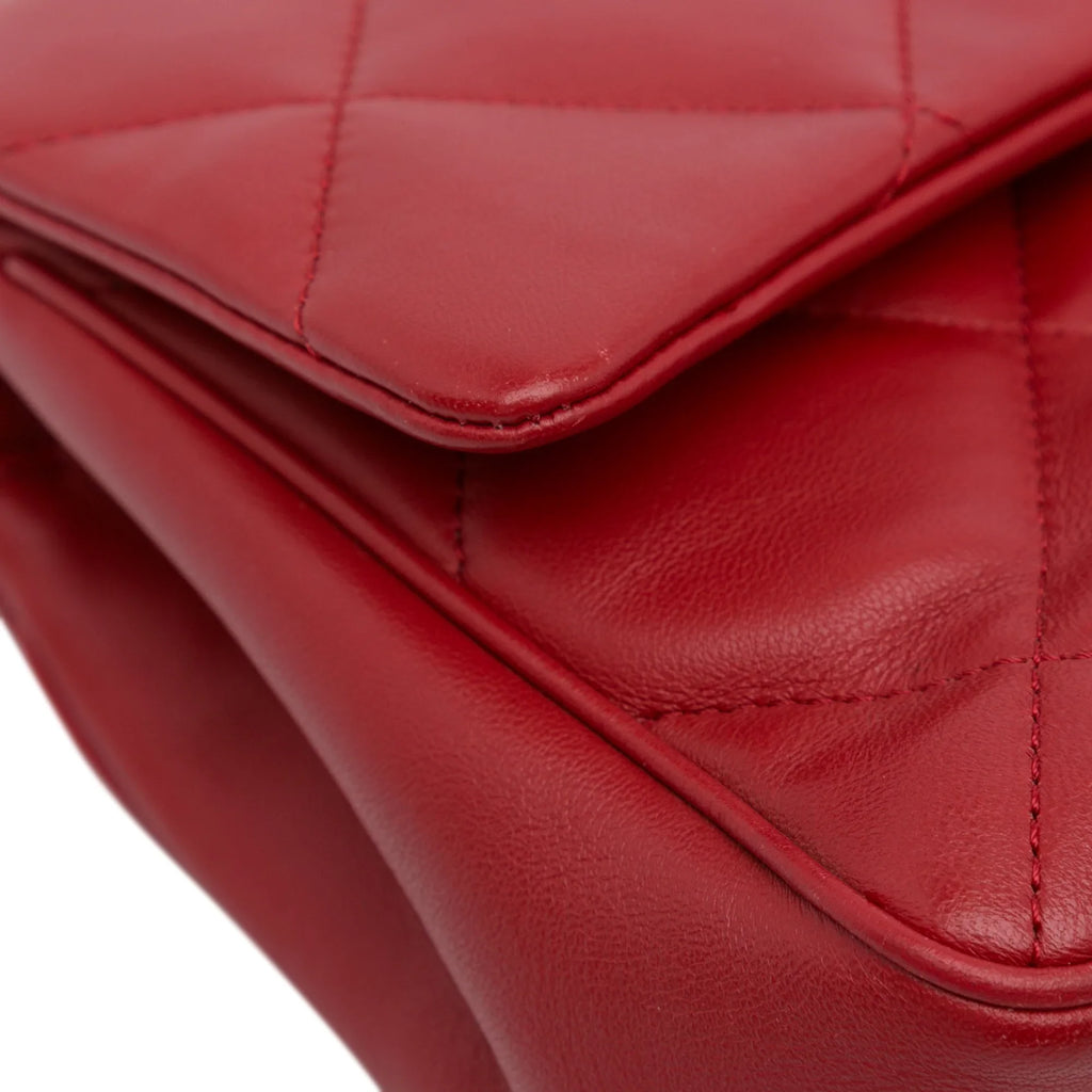 Pre-Owned Authenticated Chanel Small Easy Carry Flap Bag Lambskin Leather Red Satchel Unisex (Good)