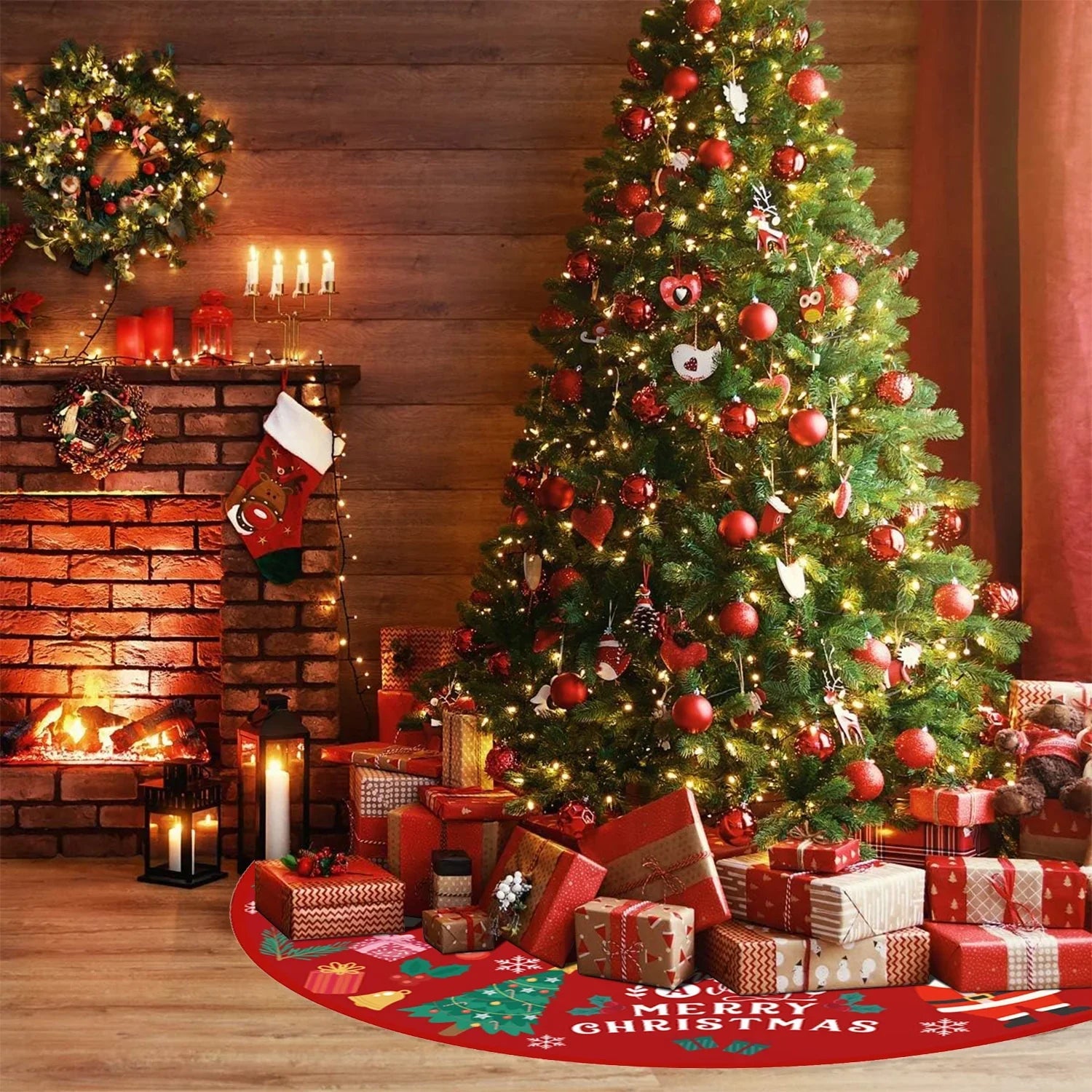 Christmas Tree Skirt 36 Inches Red and Gold Tree Skirt Ornaments Soft Plush Christmas Tree Mat with Snow Pattern for Decorations Holiday Party Indoor Outdoor