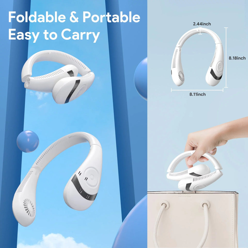Folding Neck Fanwtith  Display, 360°Airflow 5000mAh  Rechargeable Mini Neck Fan Bladeless 3 Speeds Portable Summer Cooling Fans, White