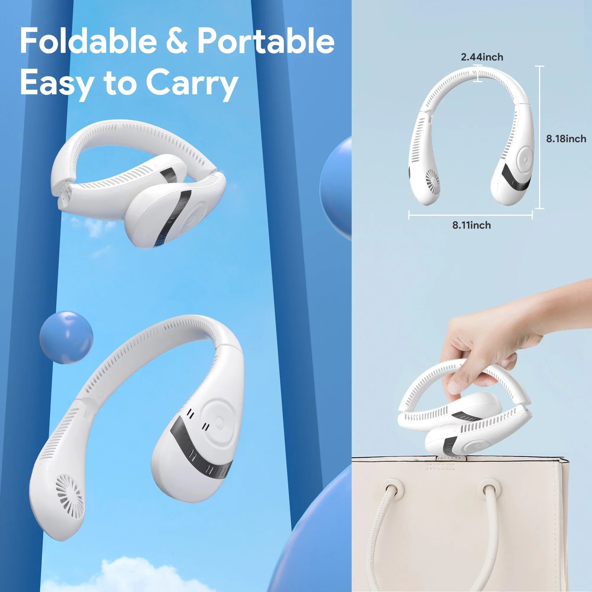 Folding Neck Fanwtith  Display, 360°Airflow 5000mAh  Rechargeable Mini Neck Fan Bladeless 3 Speeds Portable Summer Cooling Fans, White
