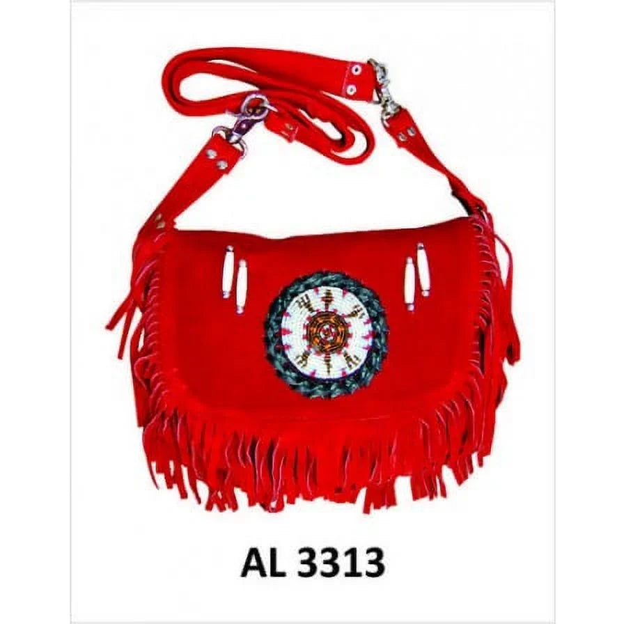 Ladies Fashion Motorcycle Heavy Duty Western Style Red Suede Cowhide Leather Handbag With Beads,Bones & Fringe
