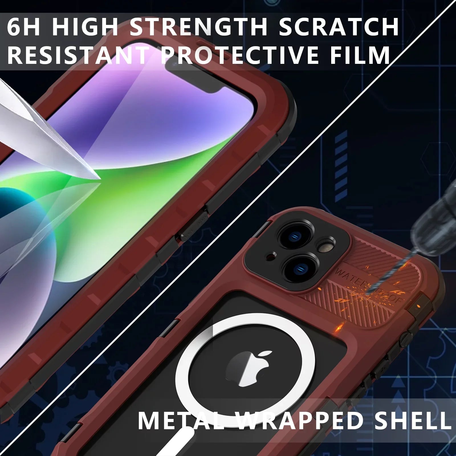 for iPhone 14 Plus Case Waterproof Shockproof Dustproof Full-Body Sturdy with Camera Lens Protection and Built-in Screen Protector,Underwater Full Sealed Cover for iPhone 14 Plus, Red