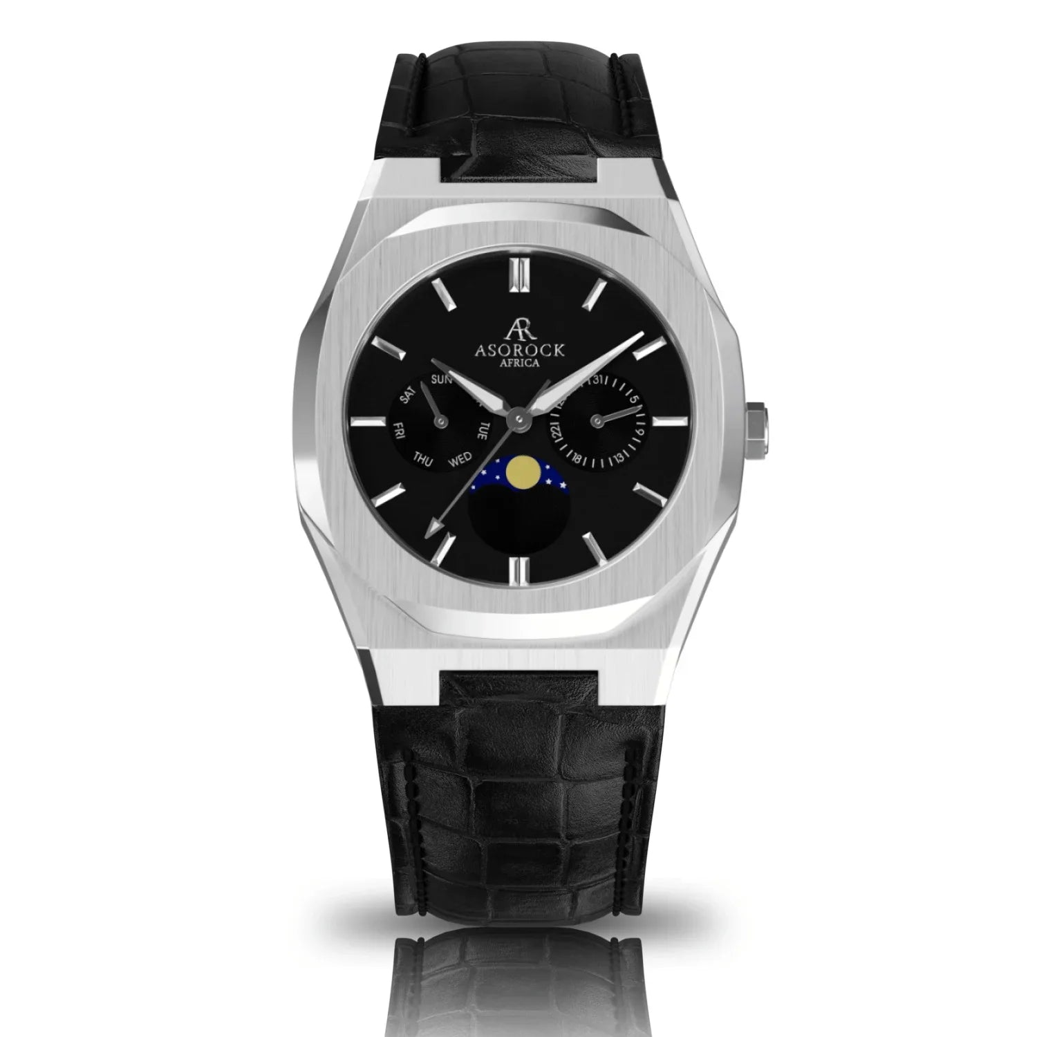 Asorock watches | Black leather Silver/Black Transporter | 40mm mens watch | Black owned watch brand
