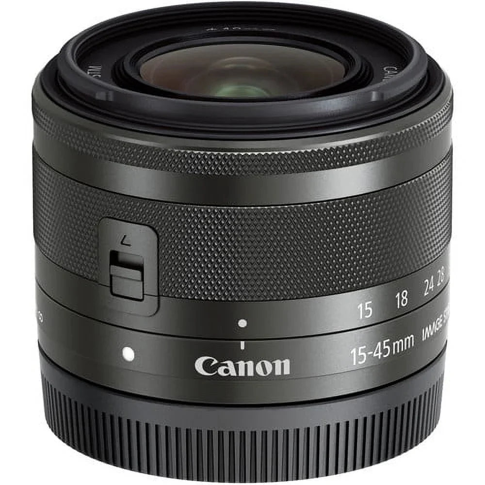 Canon -M 15-45mm f/3.5-6.3   Zoom Lens (Graphite) (0572C002) + 64GB Memory Card + Filter Kit + BackPack + Card Reader + Flex Tripod + Memory  Wallet + Cap Keeper + Cleaning Kit + Hand Strap