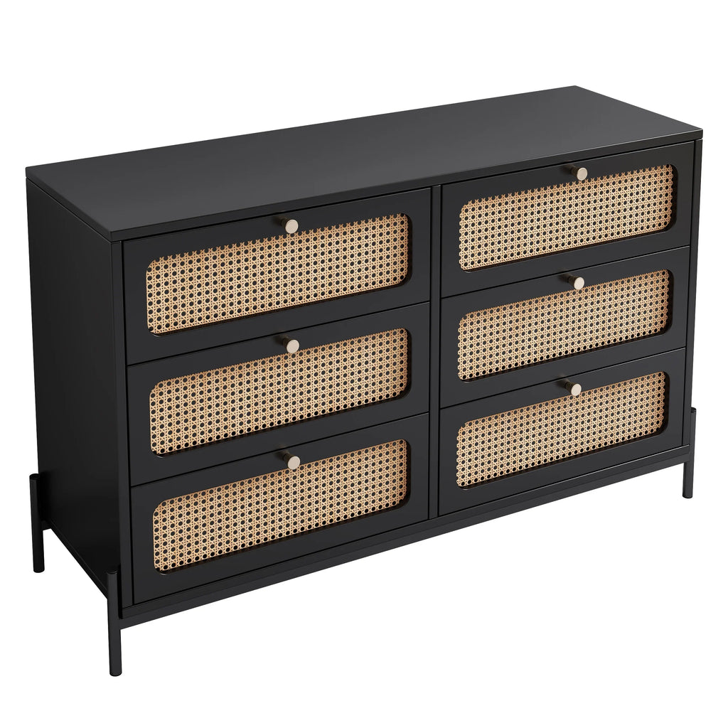 Al Fresco Accent Storage Cabinet with 6 Drawer, Modern Wide Chest of Drawers, 3 Tier Wood Dresser for Bedroom, Living Room, Entryway, Black