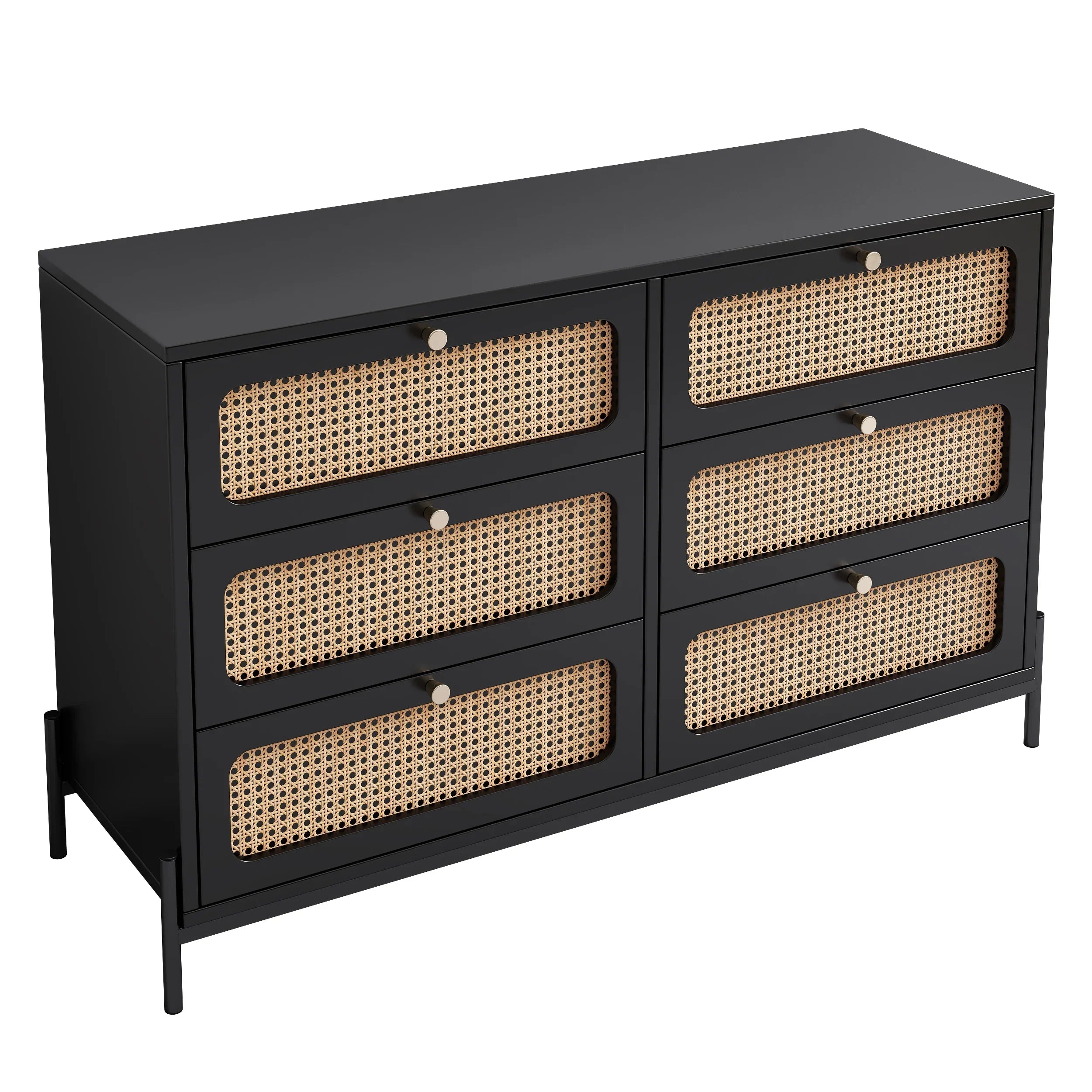 Al Fresco Accent Storage Cabinet with 6 Drawer, Modern Wide Chest of Drawers, 3 Tier Wood Dresser for Bedroom, Living Room, Entryway, Black