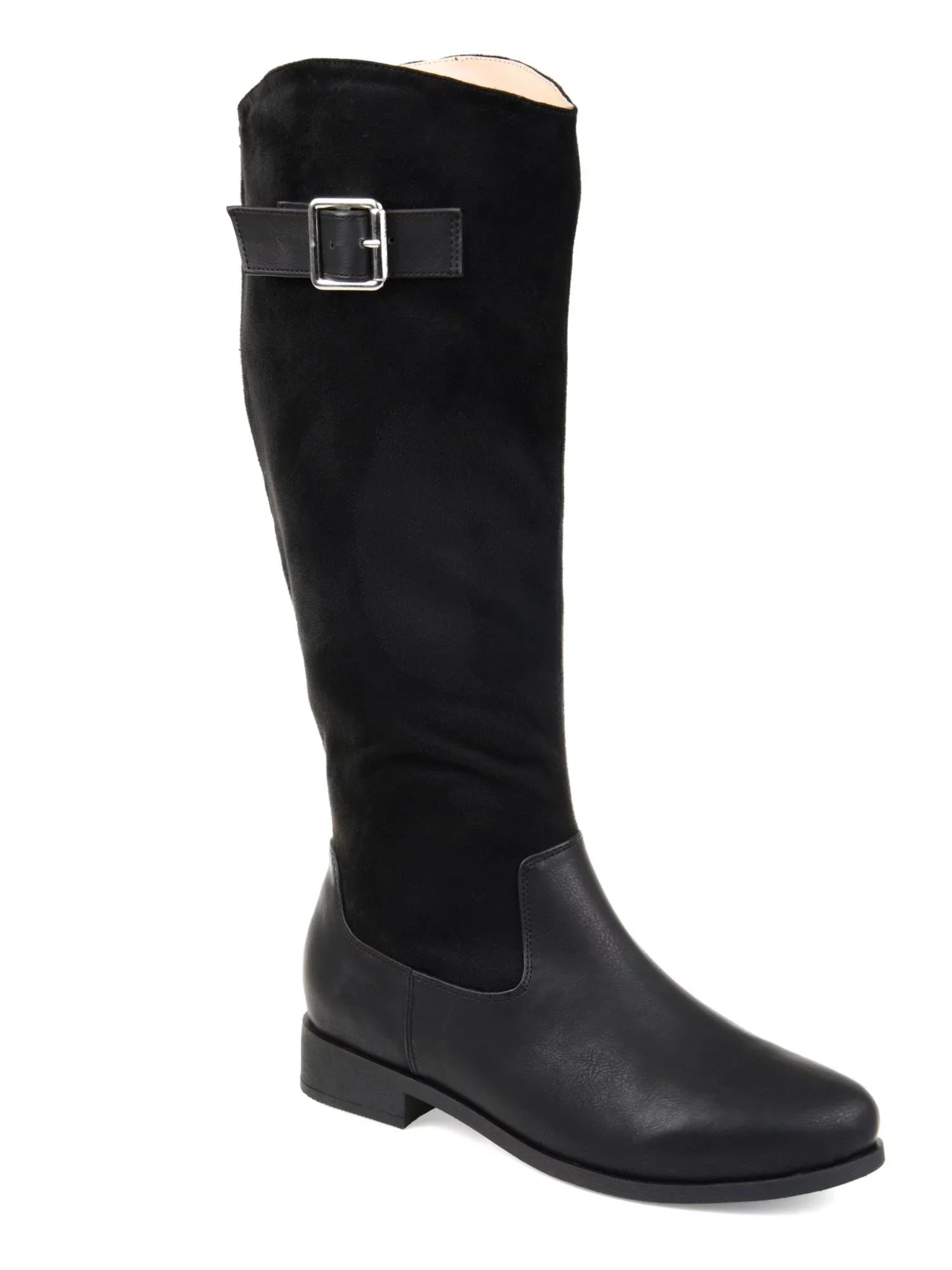 Womens Black Goring Buckle Accent Comfort Frenchy Almond Toe Block Heel Zip-Up Riding Boot 8.5