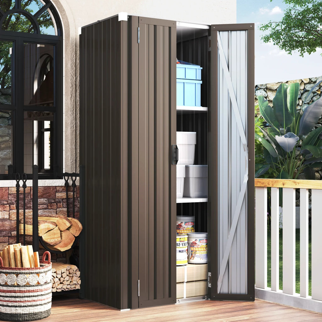 70" Metal Storage Cabinet with Doors and Shelves Outdoor/ Indoor Storage Shed Organizer for Garage& Garden in Brown