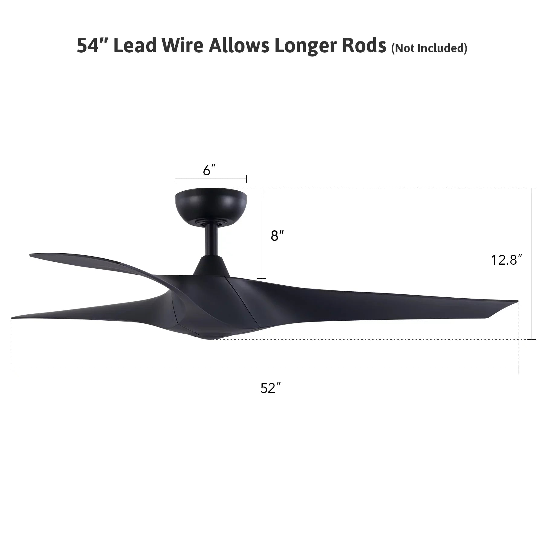 52" Smart Ceiling Fan with Remote Control, 3 Blades, 6 Speeds, Timer, Black