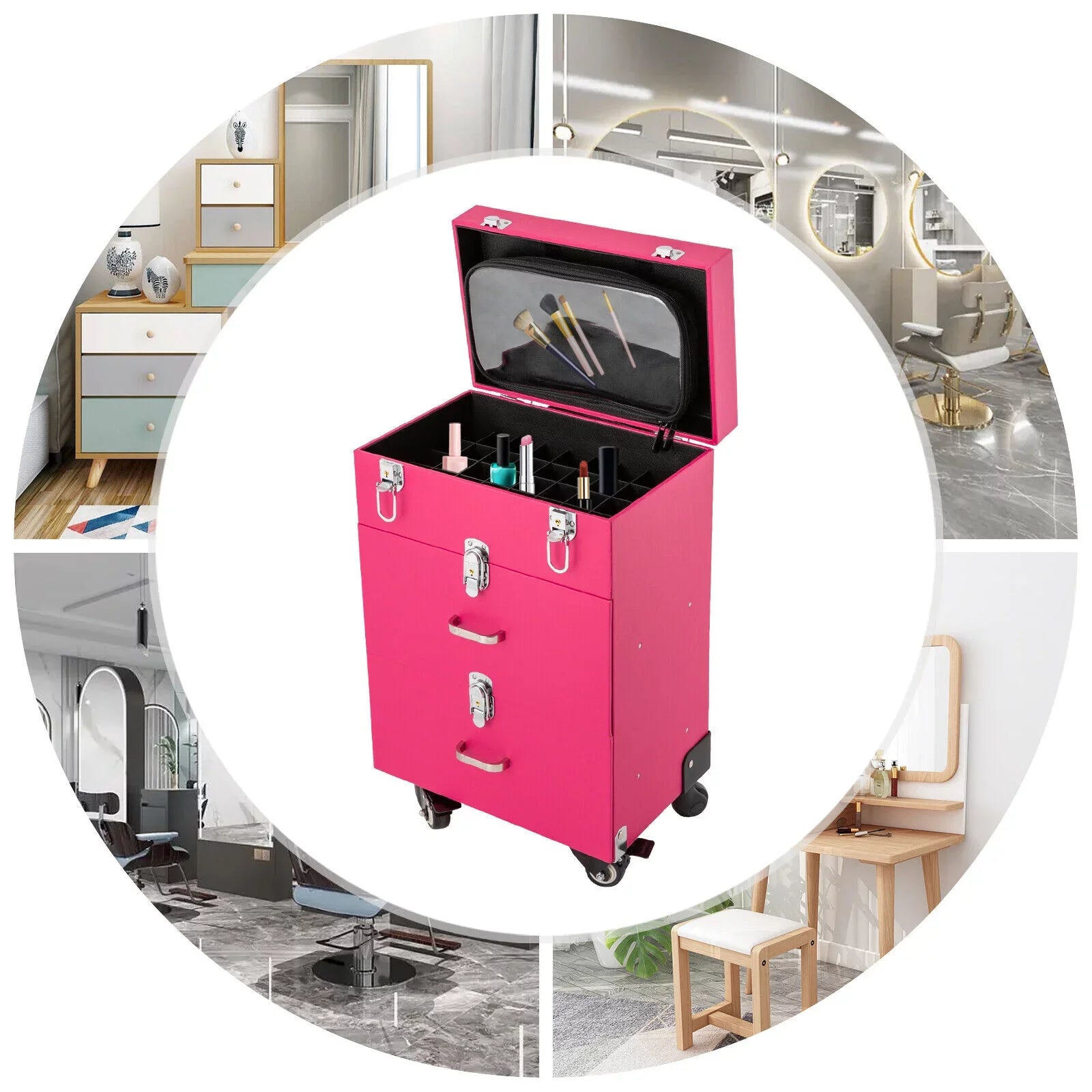 Rolling Makeup Train Case Cosmetic Trolley Luggage Box Storage Organizer with Drawer