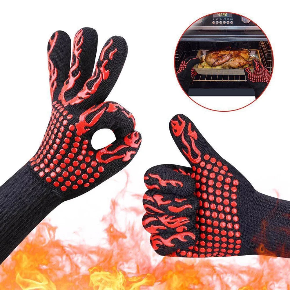 Barbecue Gloves with Silicone -slip Stripe Heat Proof Oven Gloves 500~800℃ Heat Resistant Grill Gloves for Outdoor Barbecue Garden Grilling Kitchen Cooking Welding
