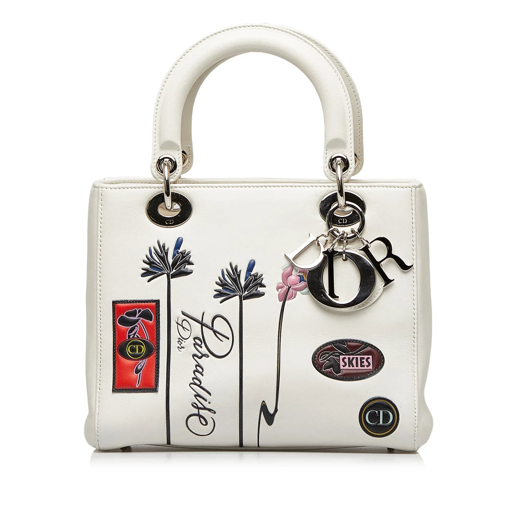 Pre-Owned Authenticated Medium Lambskin Paradise Lady Dior Leather White Satchel Unisex (Good)