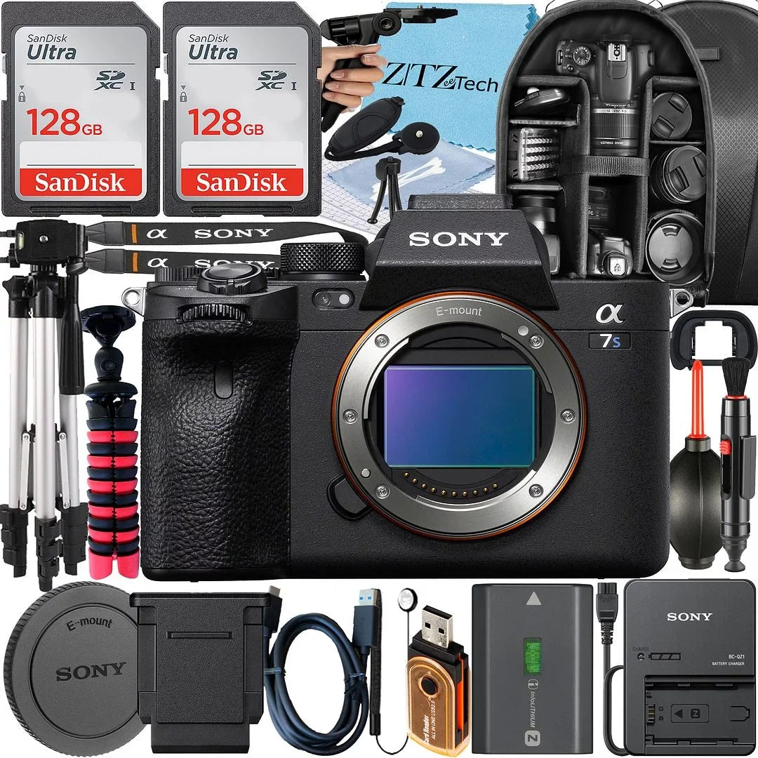 Sony a7S  Mirrorless Camera + Tripod + 2 Pack 128GB Memory Card + Backpack + ZeeTech Accessory Bundle