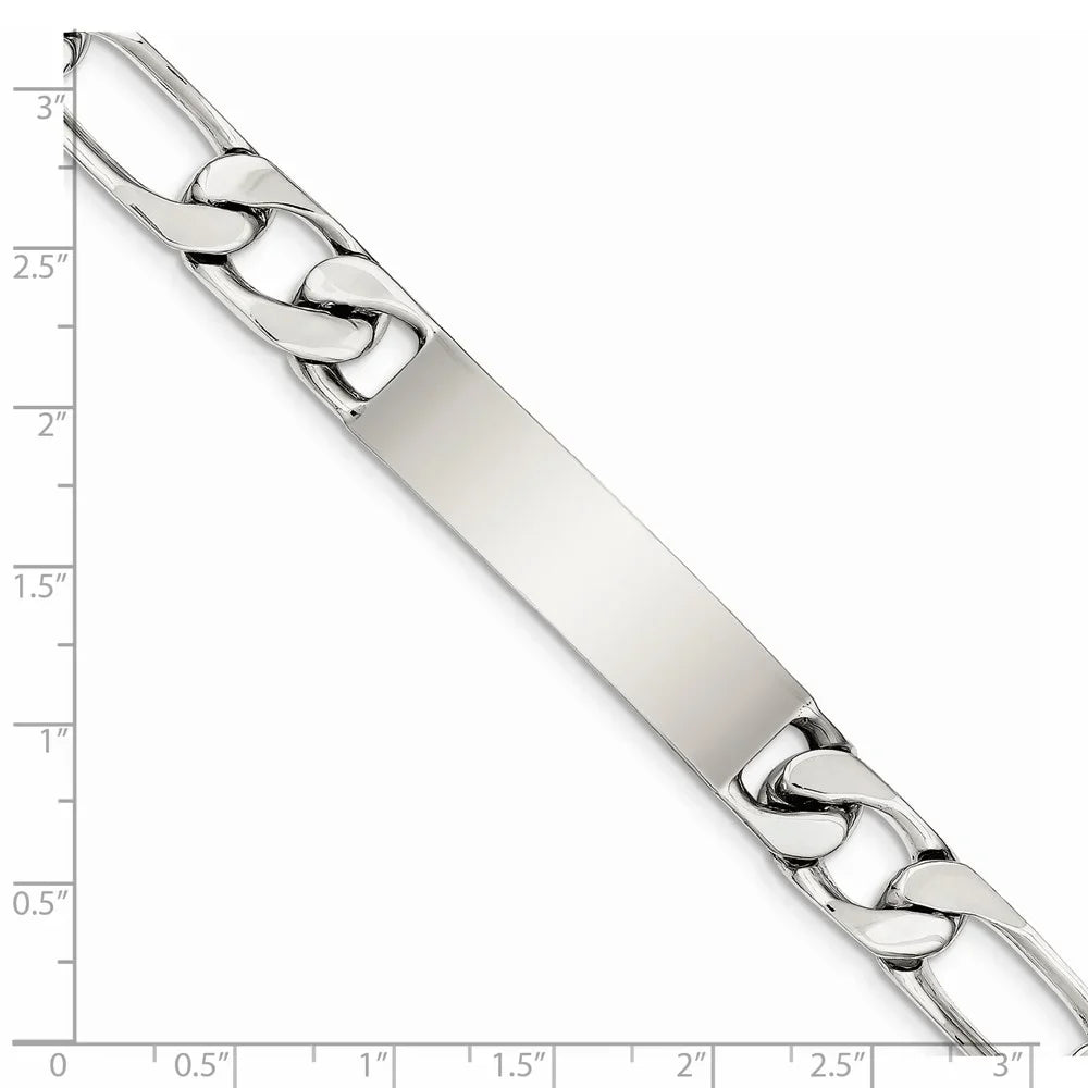 Sterling Silver Bracelet  Figaro Men's 12 mm 8.5 in Polished Engraveable Link