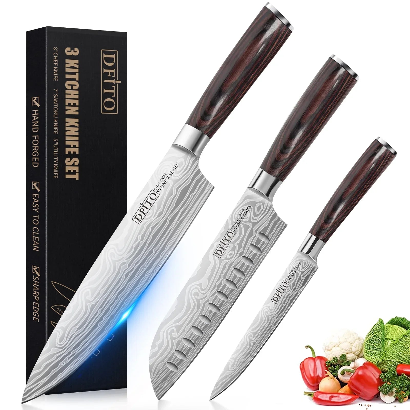 3PCS  Chef Knife, Professional Kitchen Knives,High Carbon Stainless Steel Chefs Knife Set, Ultra Sharp Blade, Ergonomic Handle and Gift Box for Home or Restaurant