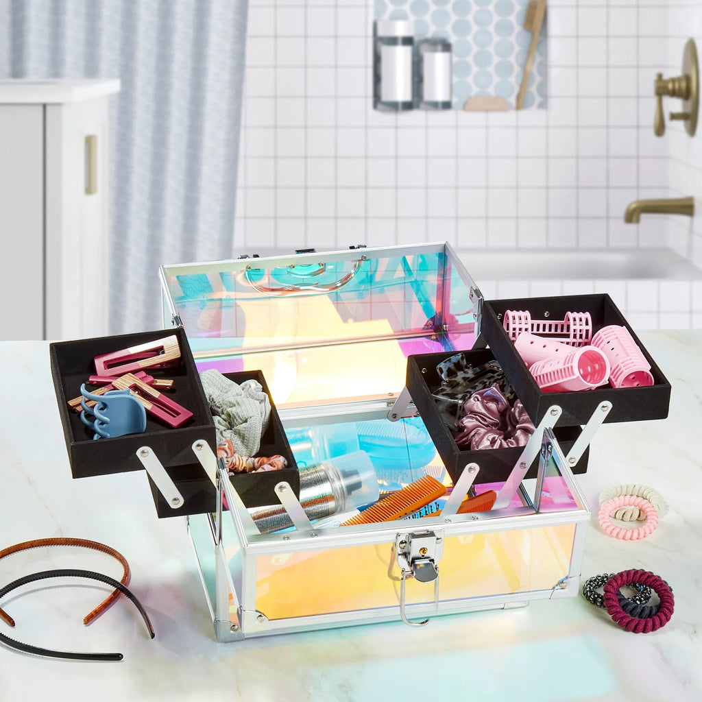 Makeup Train Case Cosmetics Organizer, Iridescent Translucent, 4 Trays, 6.7"x 9.85"x 7.9"