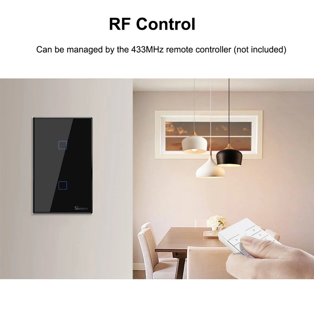 T3US2C- 2 Gang Smart WiFi Wall Light Switch 433Mhz  Remote Control /Touch Control Timer  Standard Panel Smart Switch Compatible with Google Home/Nest & Alexa
