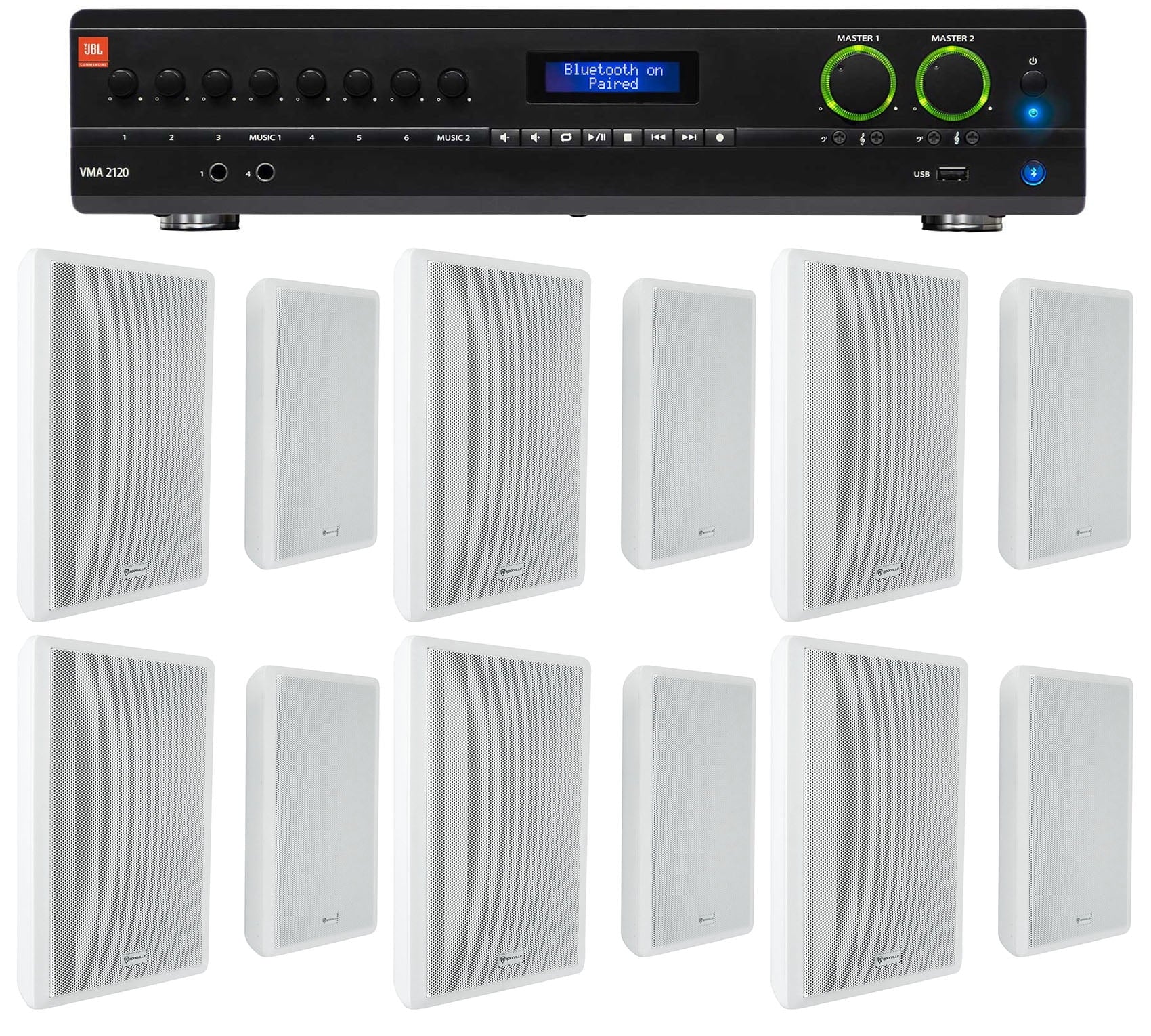 2-Channel Amplifier+(12) Slim White Wall Speakers for Restaurant/Bar/Cafe