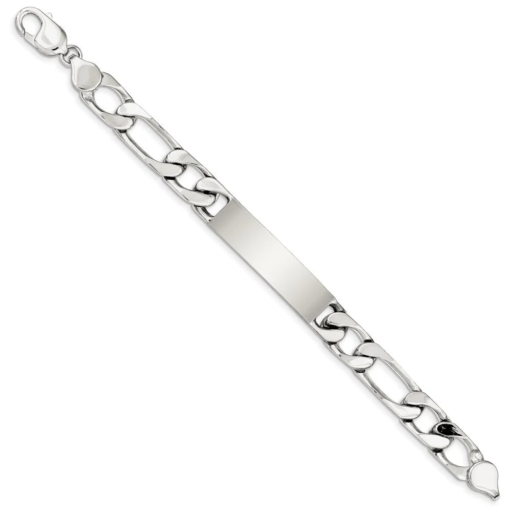 Sterling Silver Bracelet  Figaro Men's 12 mm 8.5 in Polished Engraveable Link
