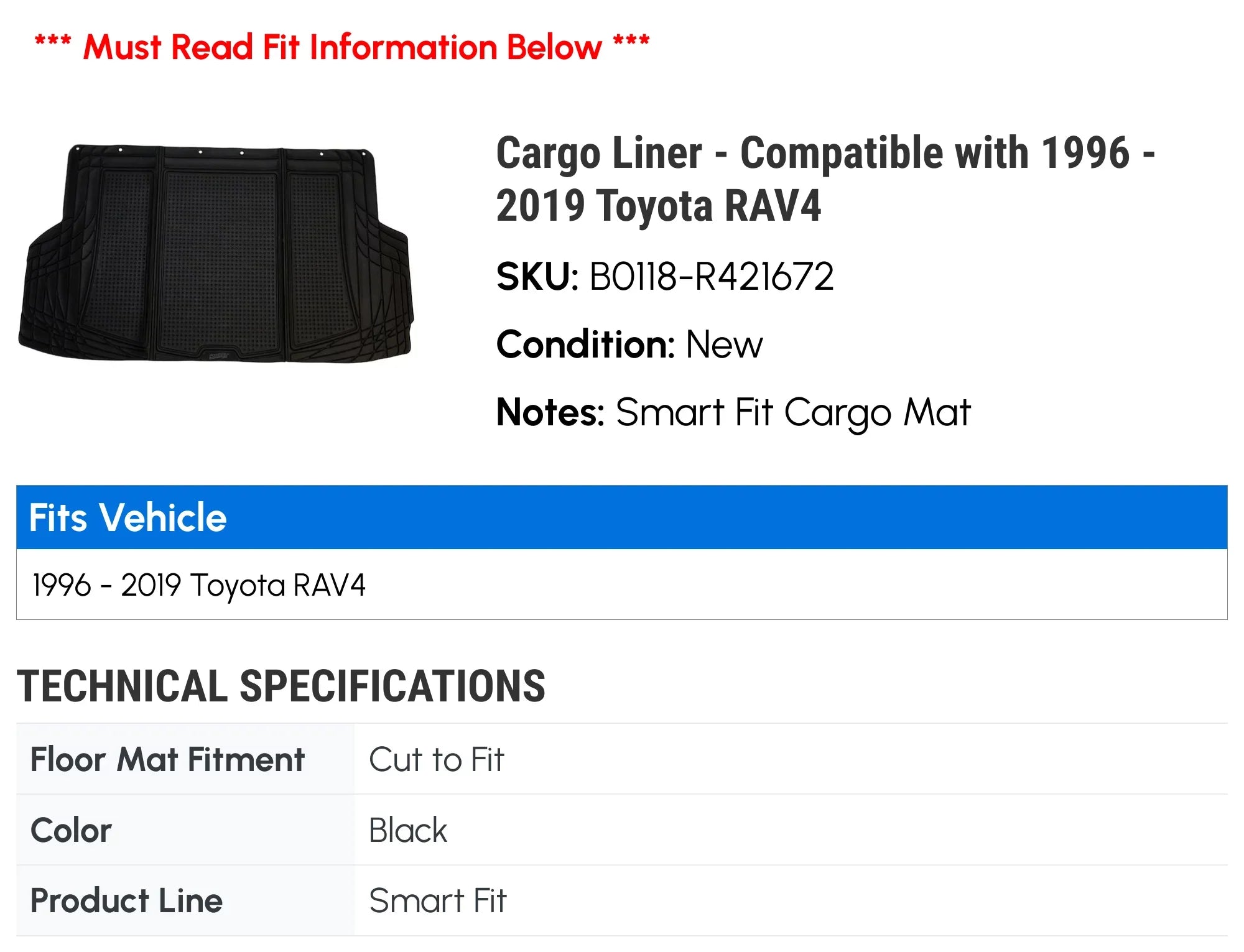Cargo Liner - Compatible with 1996 - 2019 Toyota RAV4 1997 1998 1999 2000 2001 2002 2003 2004 2005 2006 2007 2008 2009 2010 2011 2012 2013 2014 2015 2016 2017 2018