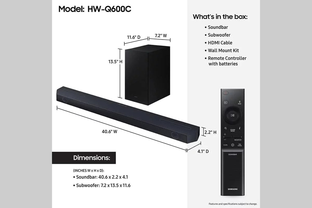 Samsung -Q600C 3.1.2ch Soundbar and Subwoofer with Dolby Atmos with a Walts  - for Compatible Soundbars Under 15lb (2023)