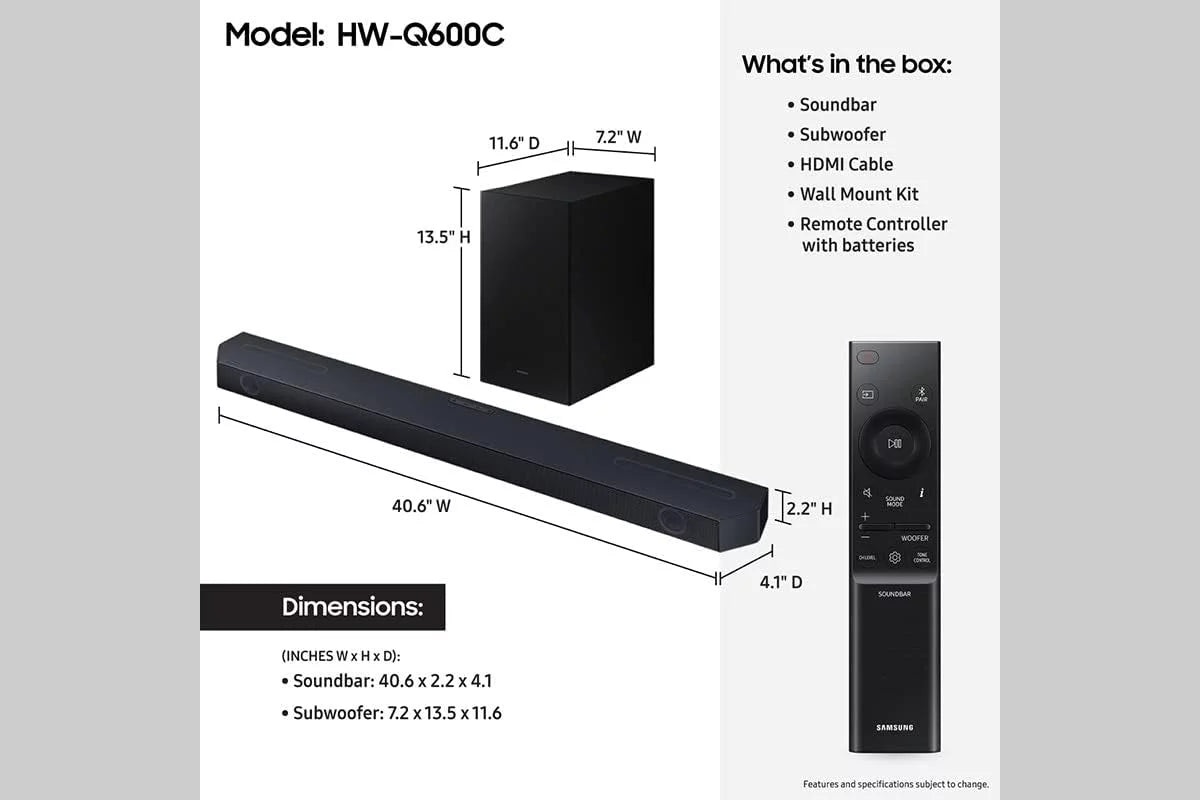 Samsung -Q600C 3.1.2ch Soundbar and Subwoofer with Dolby Atmos with a Walts  - for Compatible Soundbars Under 15lb (2023)