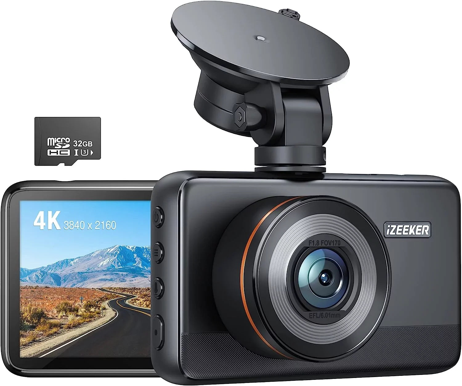 iZEEKER 4K Dash Cam Front with MicroSD Card, 4K 30FPS/1080P 60FPS Dash Camera for Cars, Car Camera with Super Night Vision, , Emergency Recording, Parking Monitoring