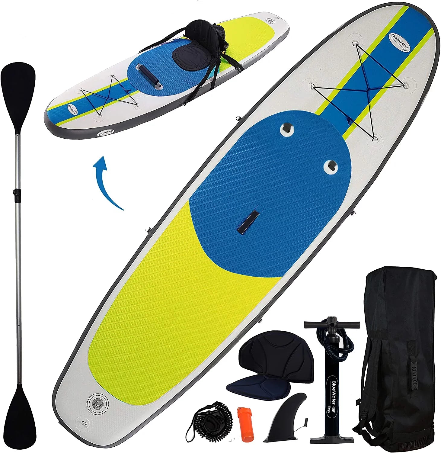 Blue Water Toys Inflatable Crossover Stand Up Paddle Board/Kayak Kit - Blue Yellow 10 feet by 32 inches