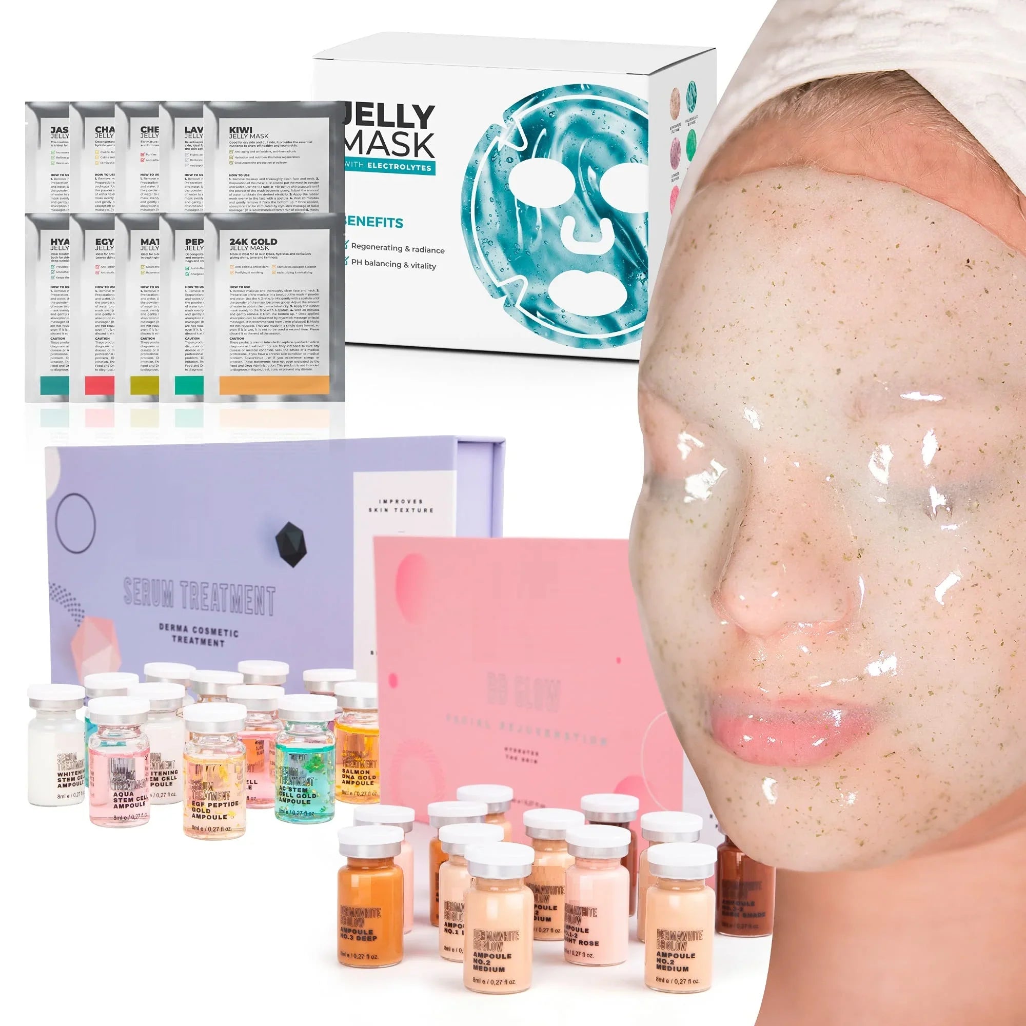 BRÜUN  Glow + Face care Serum Treatment kit with 12 vials + Peel-Off Jelly Mask 10 Different spa set Treatments Starter kit with electrolytes