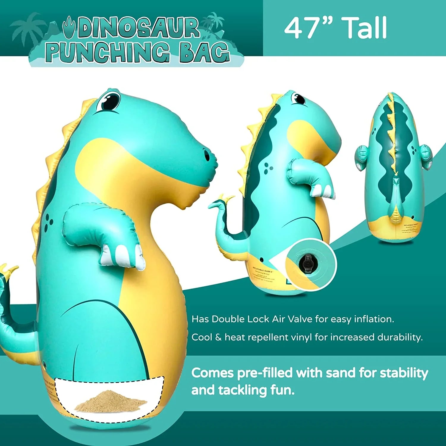 (Inflatable Dudes) Green Stegosaurus Dinosaur 47 inches -Kids Punching Bag |Filled with Sand