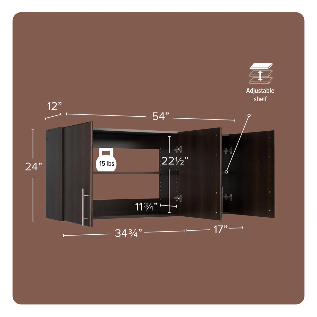 Prepac Elite Wall Cabinet, Versatile Adjustable Garage Wall Cabinet by Prepac, Tall 3-Door, 54"W x 24"H x 12"D, -5424, Espresso
