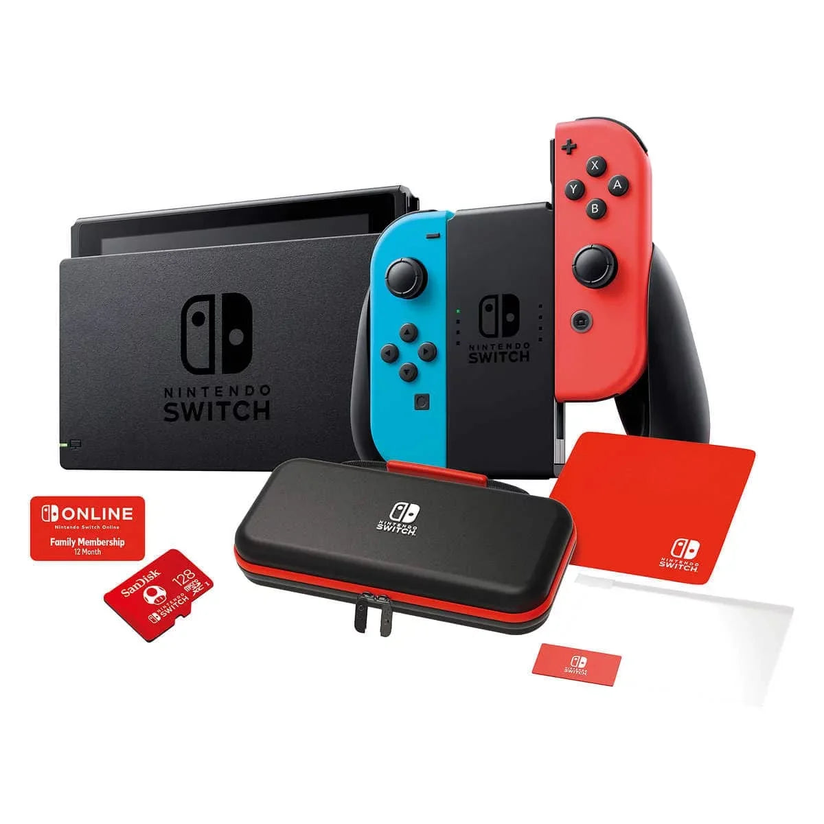 New Nintendo Switch 4 items Bundle Nintendo Switch Console with Neon Red and Blue Joy-Cons, 128GB MicroSD, Case, and 12-month family membership