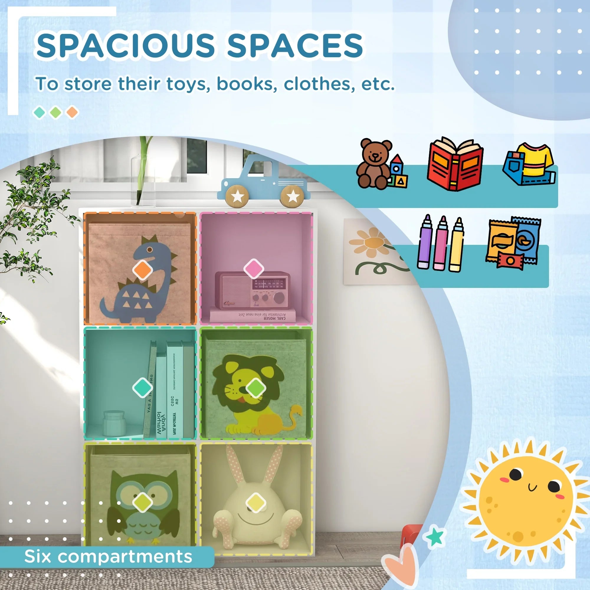 Qaba Children's Toy Storage with 3 Storage Bins & Cute Animal Design, White