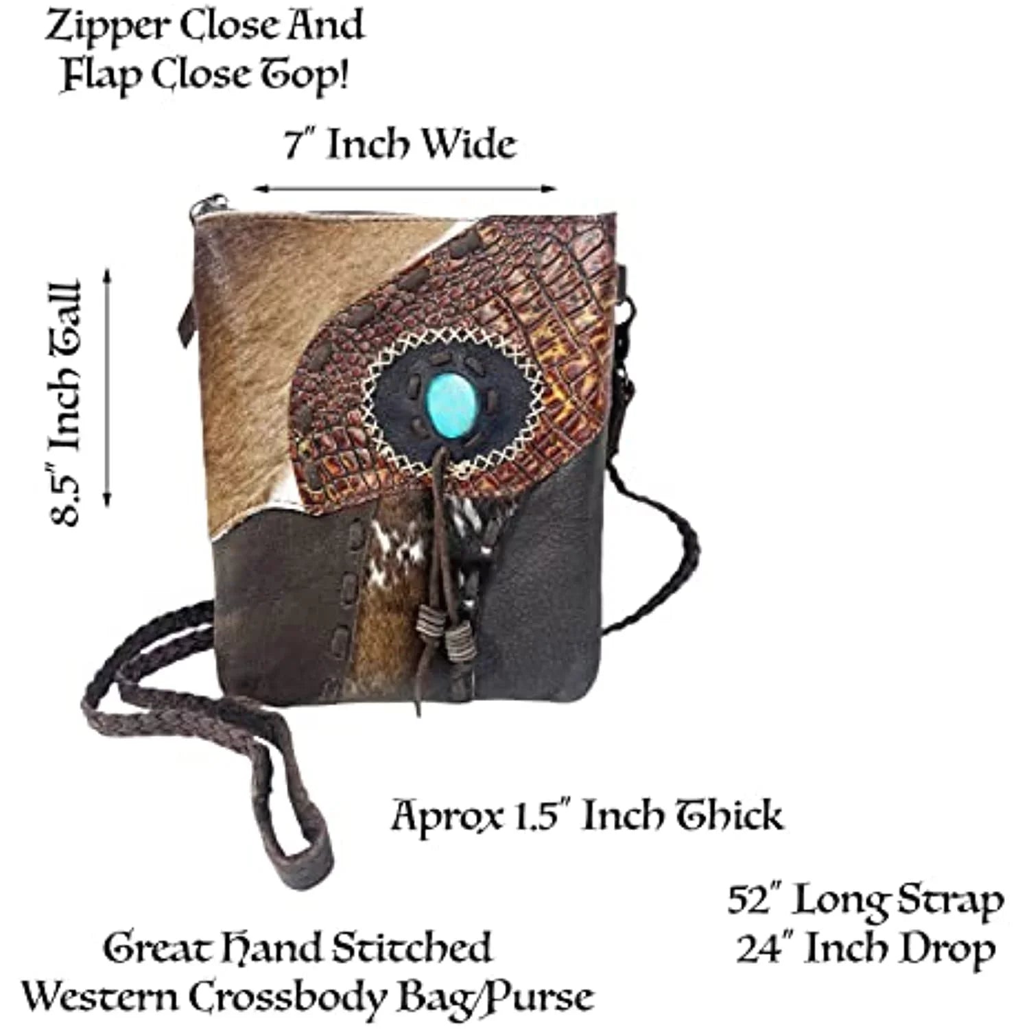 Urbalabs Western Crossbody Purse Cowhair Handbag Leather Teal Stone Tassel Tooled Tote Bag Hand Stitched Purses (Dark Brown)