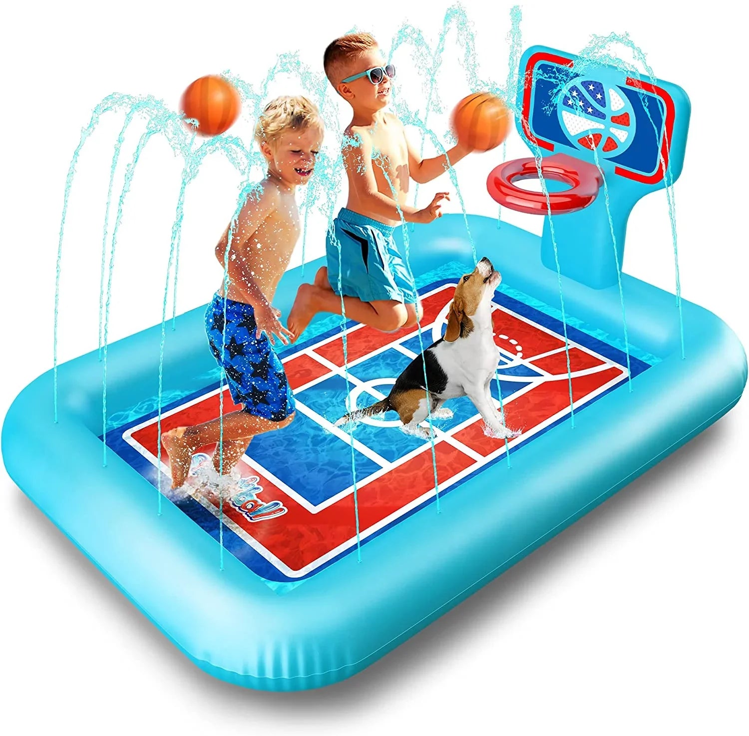 Splash Pool Pad With Sprinkler System, Hoop And 2 Inflatable Basketballs - Splash Pad For Kids - Kids Summer Toys And Water 82-inch.