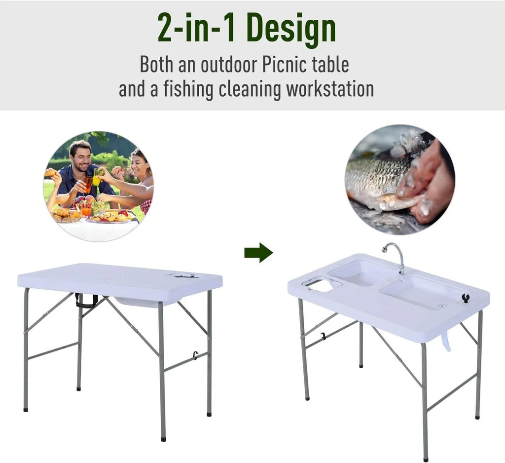 Folding Camping Table with Faucet and Dual Water Basins, Outdoor Fish Table Sink Station, for Picnic, Fishing, 40''
