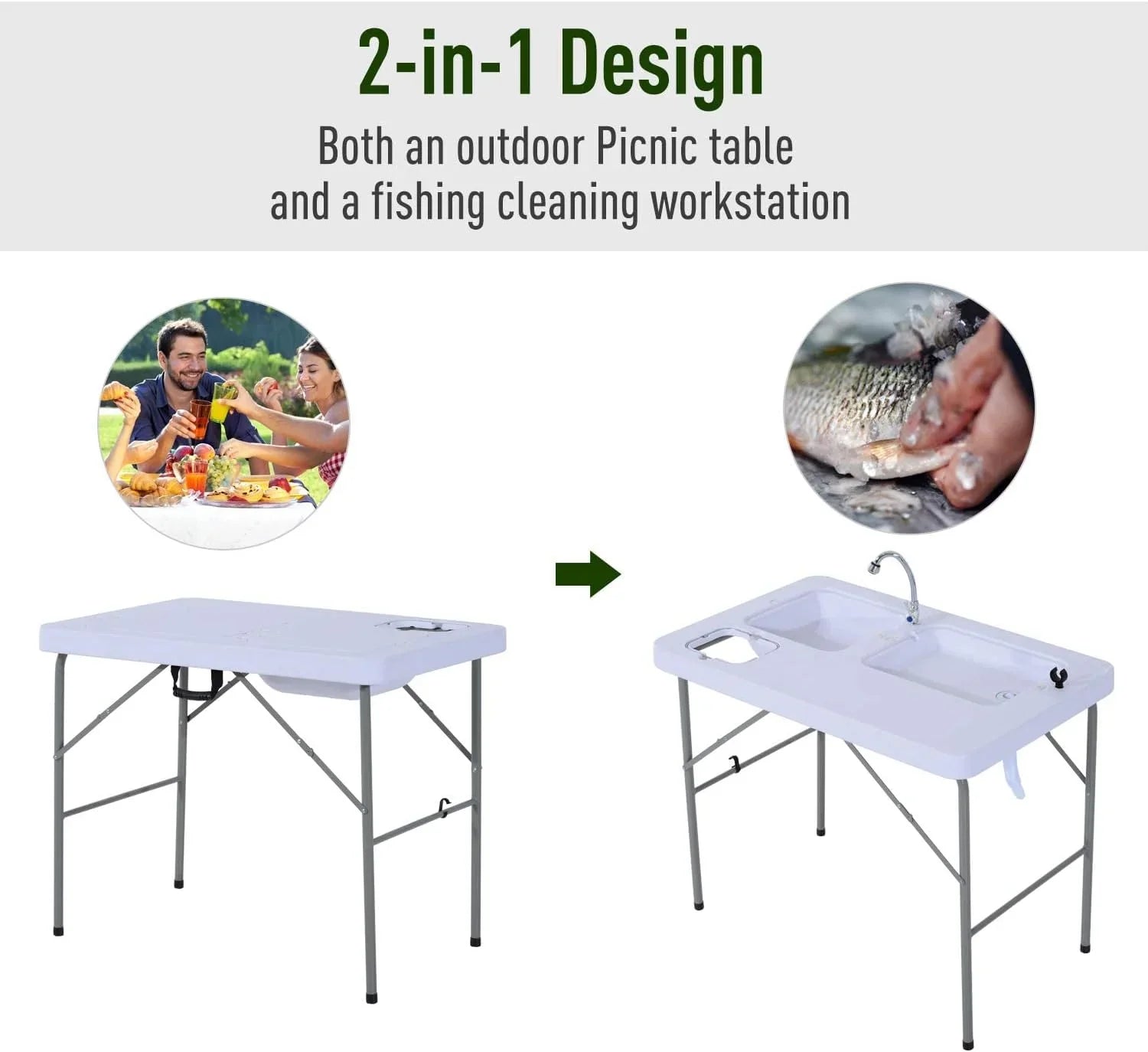 Folding Camping Table with Faucet and Dual Water Basins, Outdoor Fish Table Sink Station, for Picnic, Fishing, 40''